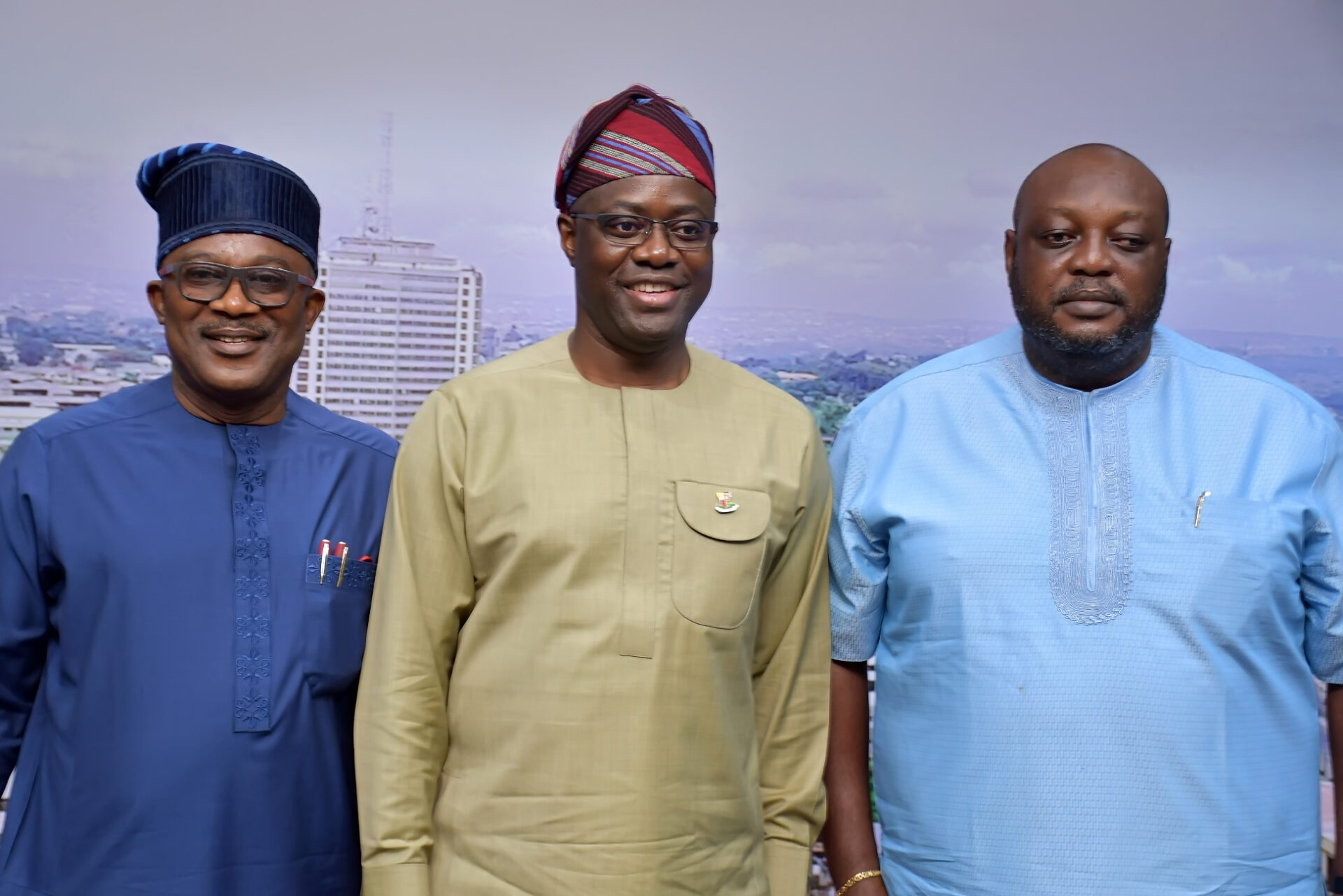 Oyo State Governor, Seyi Makinde (middle); Chairman Senate Committee on Aviation, Senator Smart Adeyemi (left) and Chairman, House Committee on Aviation, Hon Nnolim Nnaji.