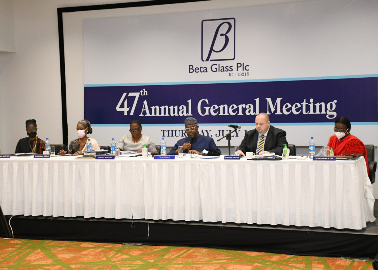 L – R shows Ms Lola Adefope, Director, Beta Glass Plc; Ms Wuraola Abiola, Director, Beta Glass Plc; Ms Bola Adebisi, Company Secretary, Beta Glass Plc; Otunba Abimbola Ogunbanjo, Chairman, Beta Glass Plc; Darren Bennett-Voci, Chief Executive Officer, Beta Glass Plc and Ms Seun Oni, Director, Beta Glass Plc during its Annual General Meeting held recently in Lagos. 