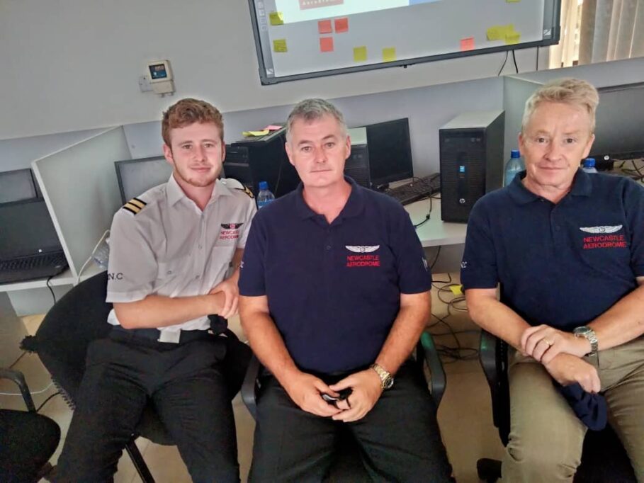 Some members of the Newcastle Aerodrome team: CEO John, flanked by Pilot Jack (left) & Chief Finance Director Joe(right) at UNN.