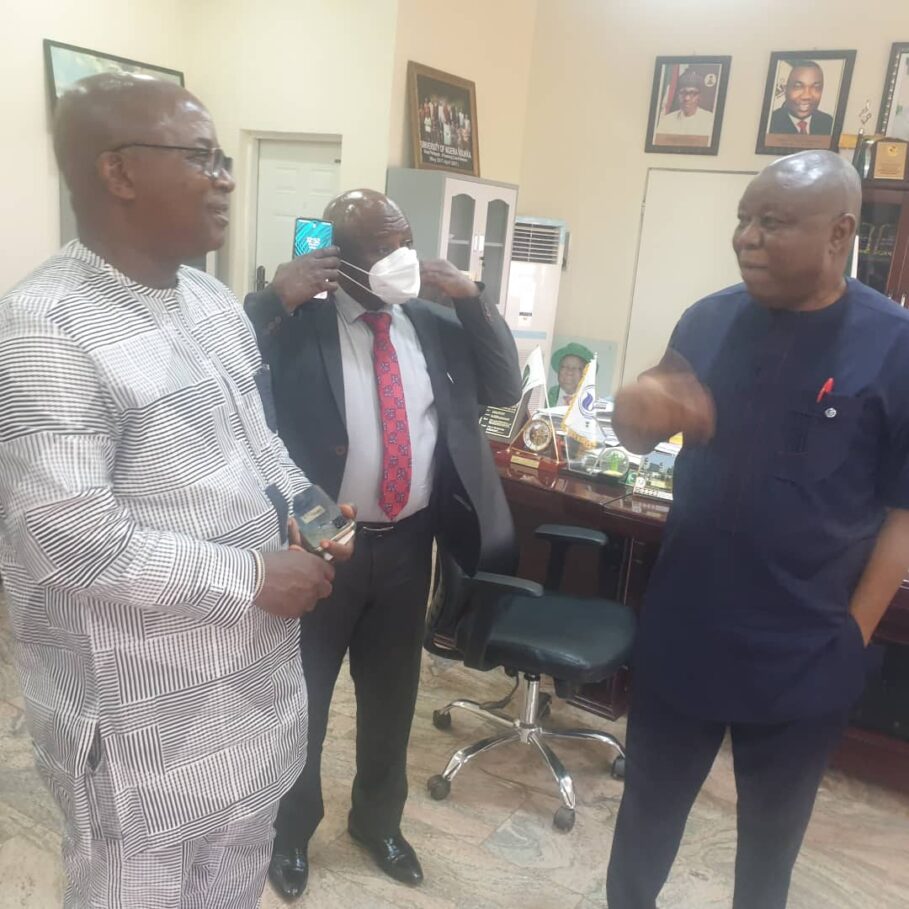 Vice Chancellor of UNN, Prof. Charles Arizechukwu Igwe (right), Deputy Vice Chancellor (Administration), Prof Okpoko; and Director of University of Nigeria Centre for Business Development (UNCBD), Prof. Nnanyelugo Okoro (left) shortly after the signing of contract between UNN and Newscastle Aerodrome, Dublin at the UNN... on Friday