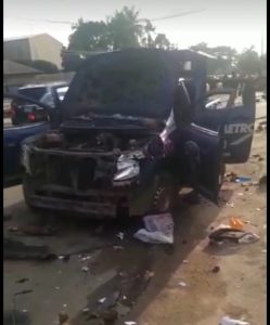 Damaged police van at Ajao Estate