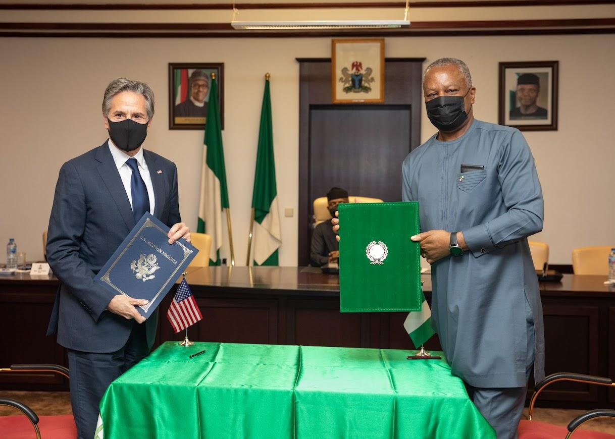 Secretary Blinken with Foreign Minister Onyeama Following the Signing Ceremony for $2.1 Billion Development Assistance Agreement