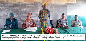 Director, AMREC, Prof. Olalekan Olaoye delivering the opening address at the Skill Acquisition Training Programme at Alagbede Nursery and Primary School, Odeda LGA, Ogun State