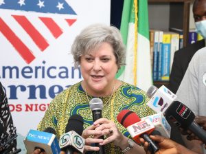 Ambassador Mary Beth Leonard during a press gaggle on the sidelines of the Grand Opening of the American Corner Ikeja on Saturday. 