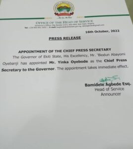 Ekiti New Gov. Oyebanji Re-appoints Yinka Oyebode As Chief Press Secretary 