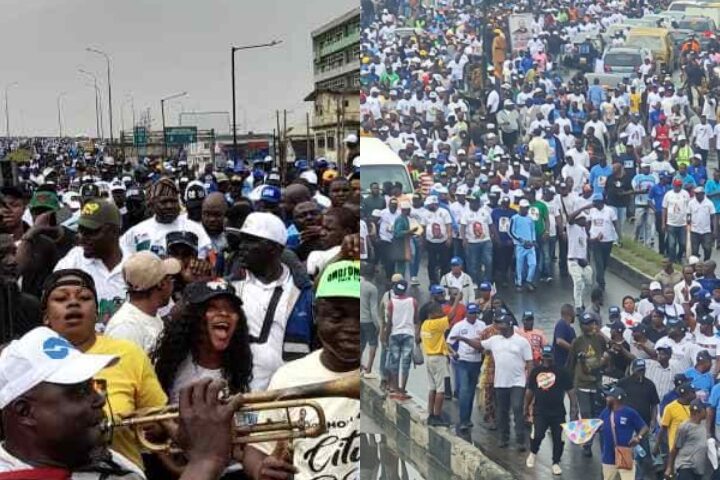 MC Oluomo, Other APC Supporters Defy Sunday Morning Rain In Lagos To Hold 5-million-man March For Tinubu