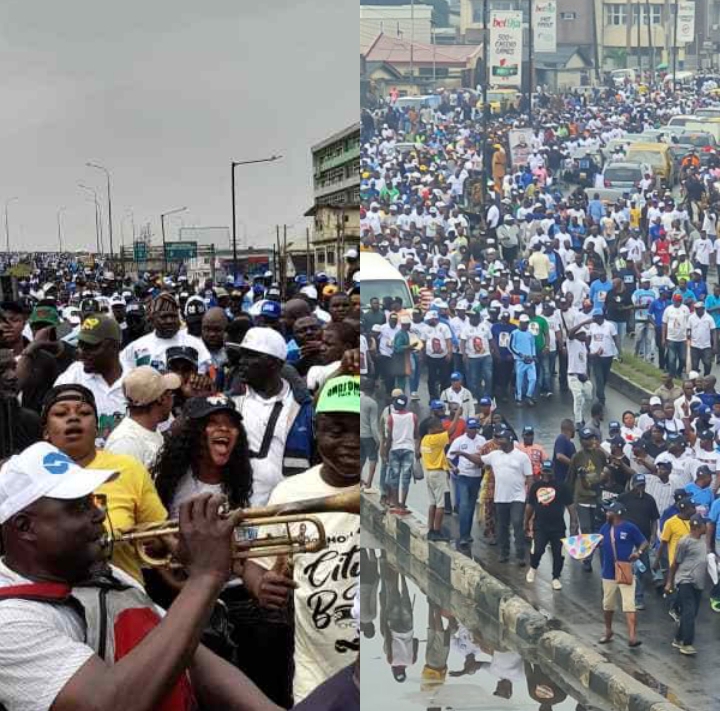 MC Oluomo, Other APC Supporters Defy Sunday Morning Rain In Lagos To Hold 5-million-man March For Tinubu