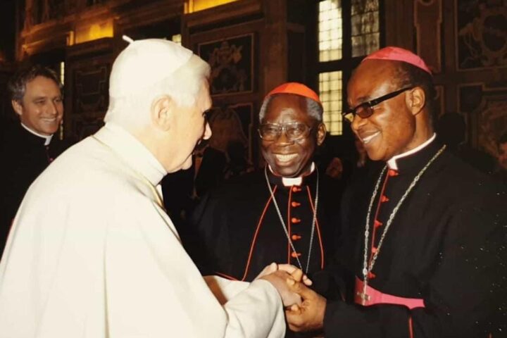 Archbishop Valerian Okeke (right) exchanging pleasantries with the Pope Emeritus Benedict in Vatican during a visit
