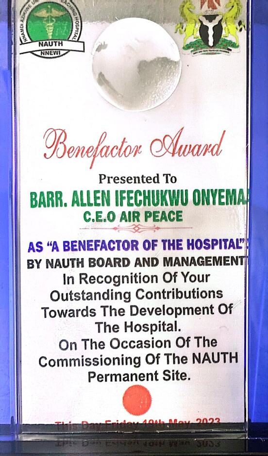 UNIZIK Teaching Hospital Honours Air Peace Boss, Onyema, With Benefactor Award