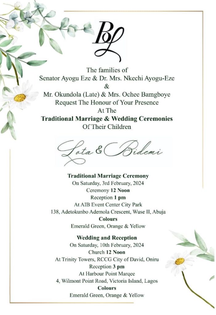 WhatsApp ImSenator Ayogu Eze’s Daughter Weds Saturday February 3