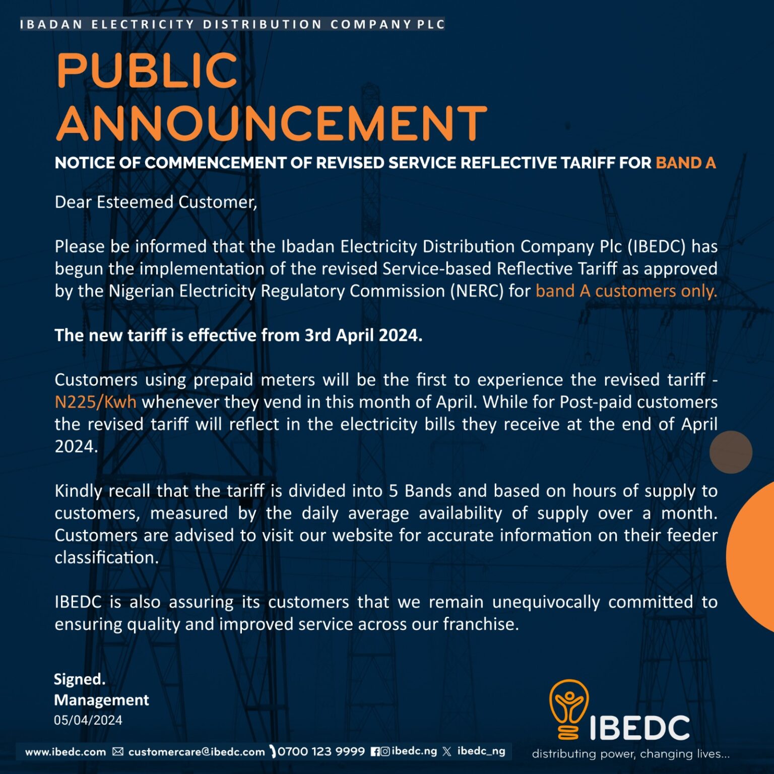 Ibadan Electricity Distribution Company to Roll Out New Electricity Tariff for Band A Consumers on April 3, 2024 The Ibadan Electricity Distribution Company (IBEDC) is set to kickstart the implementation of the revised electricity tariff for Band A consumers starting from April 3, 2024. This move follows the recent announcement by the Nigerian Electricity Regulatory Commission (NERC) approving a significant increase in electricity tariffs for this particular band. In a statement released by the IBEDC management, customers falling under Band A, particularly those utilizing prepaid meters, will witness the new tariff firsthand when they make purchases via their meter starting from the specified date. According to the company, "The new tariff is effective from 3rd April 2024." Prepaid meter users will experience the revised tariff of N225/kWh immediately upon vending in April. Postpaid consumers, on the other hand, will observe the new tariff reflected in their electricity bills at the end of the month. In light of this development, IBEDC urges its customers to visit their website to ascertain their feeder classification, determining the band they belong to. In a direct quote from the company's statement, they emphasized, "Customers using prepaid meters will be the first to experience the revised tariff – N225/kWh whenever they vend in this month of April. While for Post-paid customers the revised tariff will reflect in the electricity bills they receive at the end of April 2024." The revision in electricity tariffs for Band A consumers comes after the recent announcement by the Nigerian Electricity Regulatory Commission (NERC) regarding a comprehensive review of tariffs across the country. This review primarily targeted Band A consumers, resulting in a substantial increase from N68 per kWh to N225 per kWh. NERC clarified that this adjustment impacts only approximately 17% of electricity users nationwide who enjoy over 20 hours of electricity supply daily. Consumers falling under other bands, receiving fewer hours, remain unaffected by the tariff revision. With the implementation of the new electricity tariff in sight, Band A consumers are bracing themselves for the impending increase in their electricity expenses, while the majority of electricity users in lower bands breathe a sigh of relief as their tariffs remain unchanged.