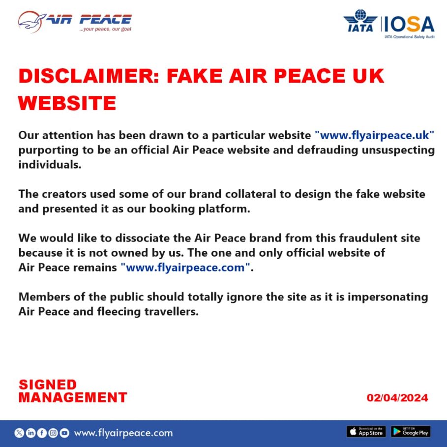 Scam Alert: Air Peace Disclaims ‘Fake UK Website’