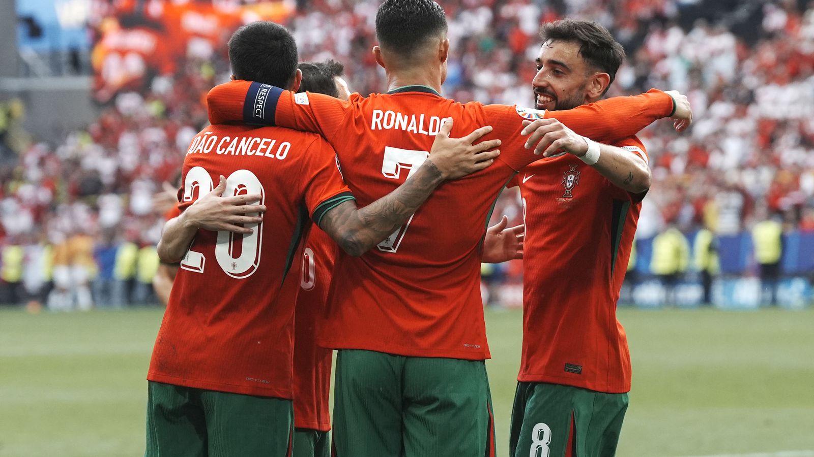 Cristiano Ronaldo and Bruno Fernandes after the former set up the latter against Turkey