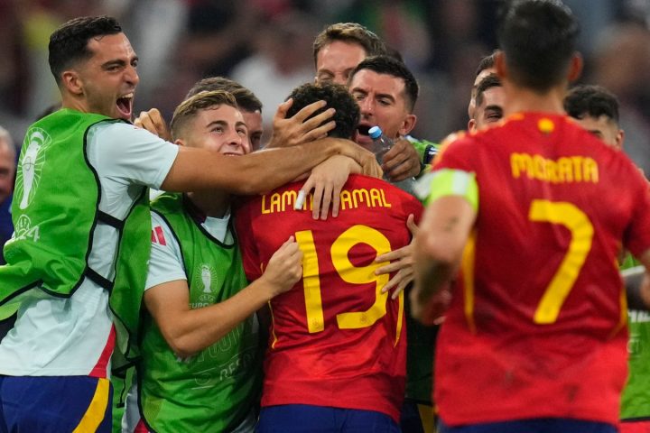 year old Lamine Yamal mobbed following his wonder goal