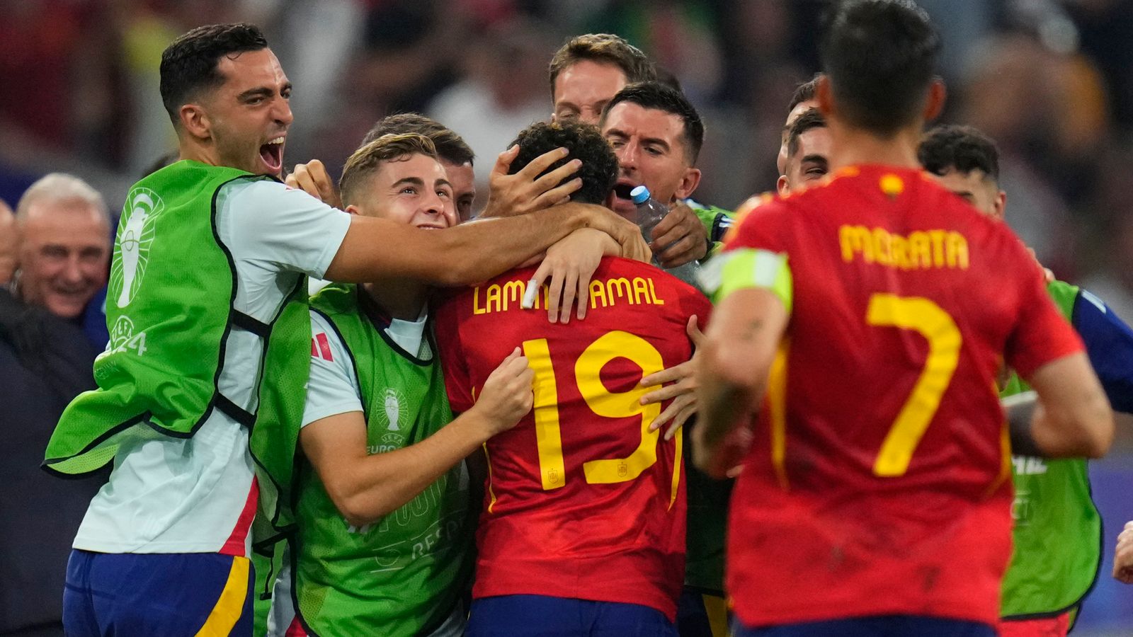 year old Lamine Yamal mobbed following his wonder goal