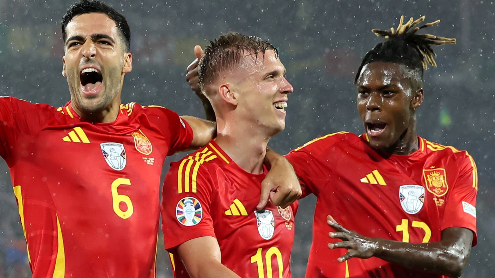 Spain celebrate their fourth goal scored by Dani Olmo