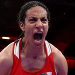 Imane Khelif of Team Algeria celebrates victory against Anna Luca Hamori of Team Hungary after the Women's kg Quarter final round match on day eight of the Olympic Games Paris