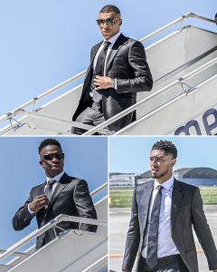 Real Madrid big boys Mbappe Vinicius jr and Jude Bellingham arrive for warsaw clash