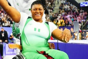 Folashade Oluwafemiayo celebrates after clinching gold in paris Sunday