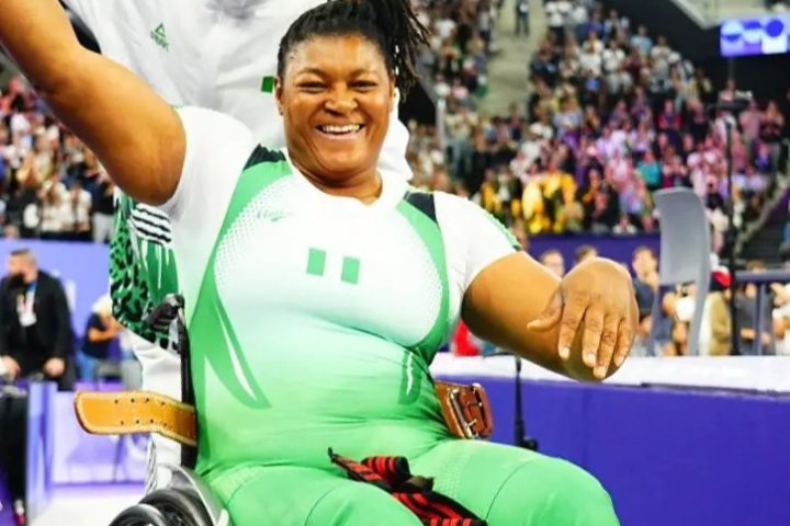 Folashade Oluwafemiayo celebrates after clinching gold in paris Sunday