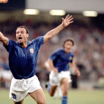 Italy's Salvatore Schillaci celebrates scoring a goal against Argentina in 1990.