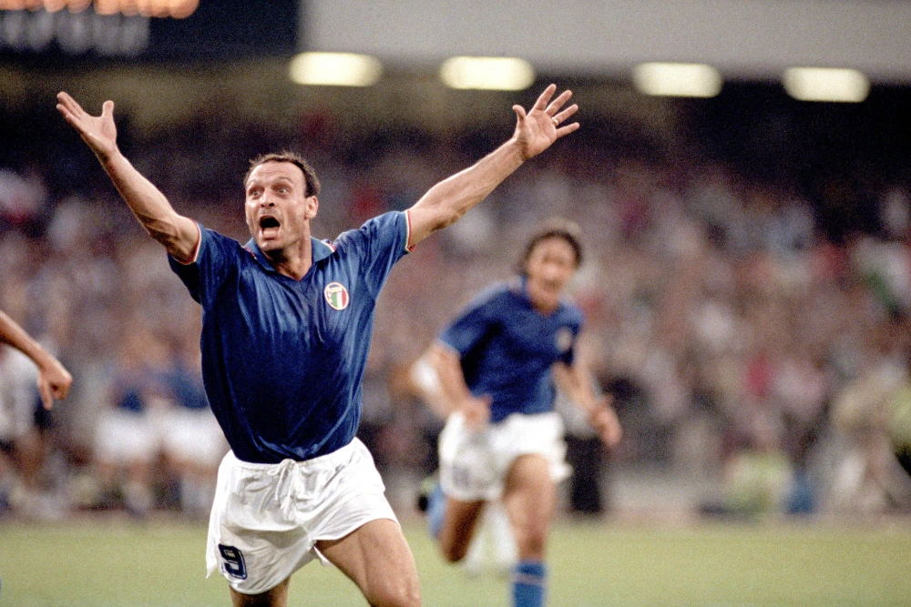 Italy's Salvatore Schillaci celebrates scoring a goal against Argentina in 1990.