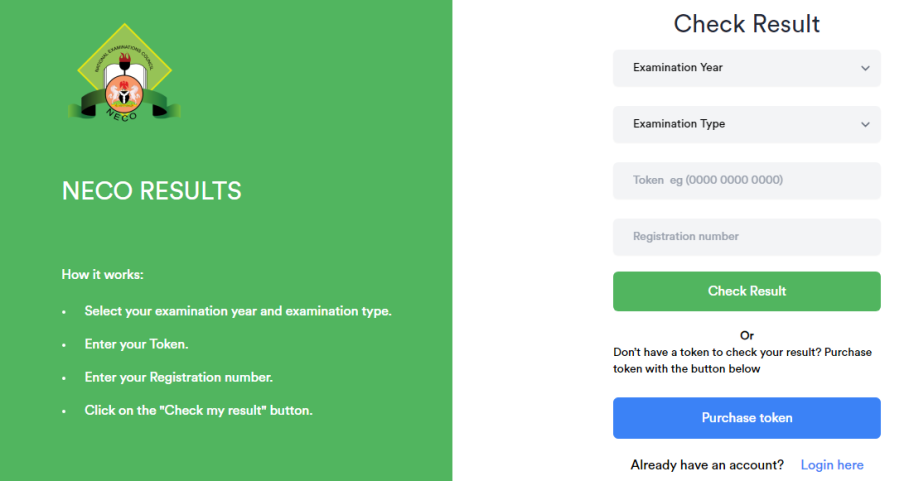 NECO Result checking dashboard