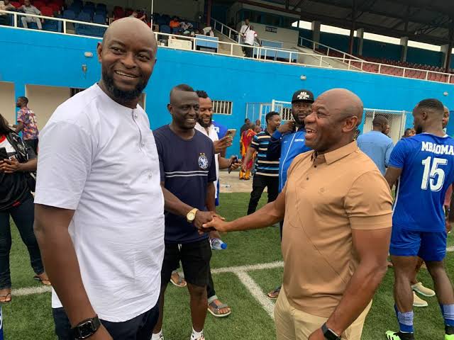 Rivers United Coach Finidi George and Heartland Coach Emmanuel Amuneke