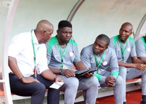 Super Eagles coach Austin Eguavoen with assistants Daniel Ogunmodede and Fidelis Ilechukwu 