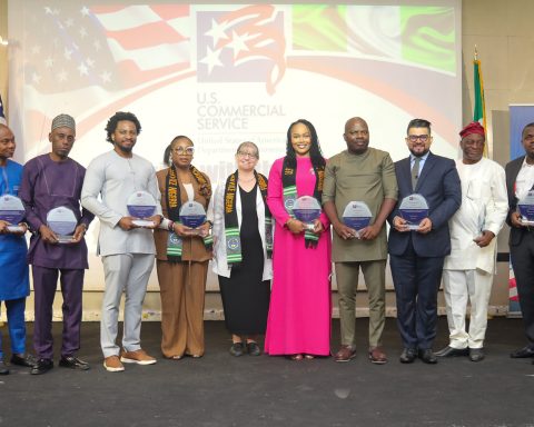 Acting U S Consul General JoEllen Gorg (middle) with Nigerian awardees during the Networking with the USA (NUSA) Event in Lagos