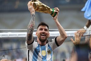 Argentinal Captain Lionel Messi celebrates after winning the world cup in Qatar