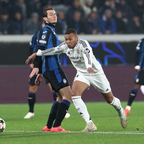 Real Madrid's Kylian Mbappe breaks through against Atalanta