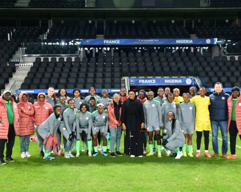 Super Falcons with Female football chairperson Aisha Falode in france