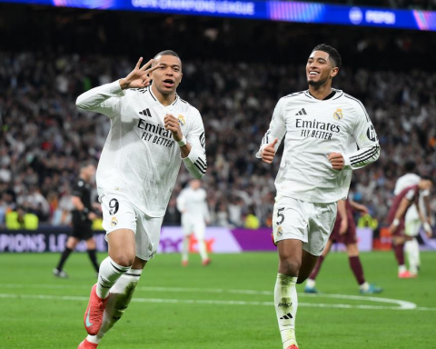 Real Madrid forward and hat trick hero Kylian Mbappe celebrates Bellingham