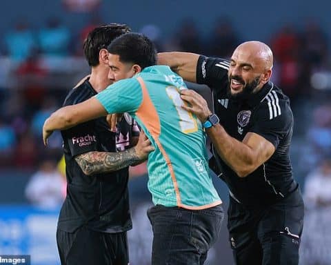 Pitch invader finally beat Chueko to hug Messi