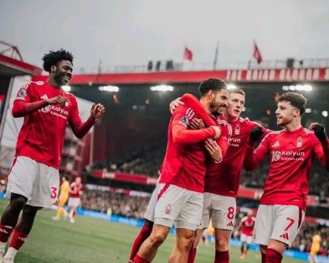 super Eagles and Nottingham Forest defender Ola Aina celebrates with teammates