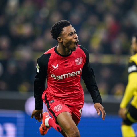 Bayer Leverkusen and Super Eagles forward Nathan Tella celebrates after scoring