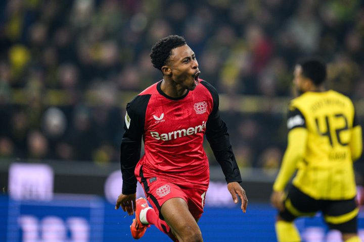 Bayer Leverkusen and Super Eagles forward Nathan Tella celebrates after scoring