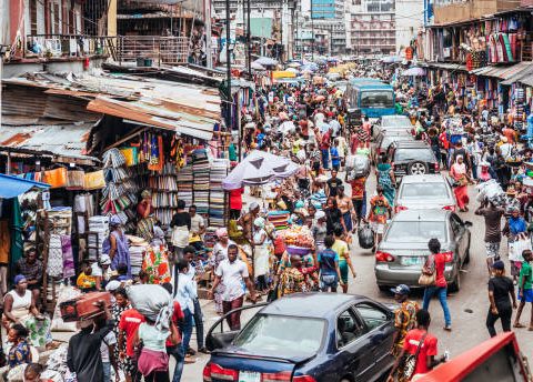 African city market streets (Balogun) Lagos, Nigeria, West Africa