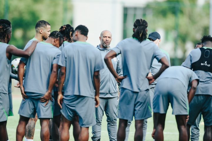 Super Eagles coach dishing out instructions during training Wednesday in Kigali