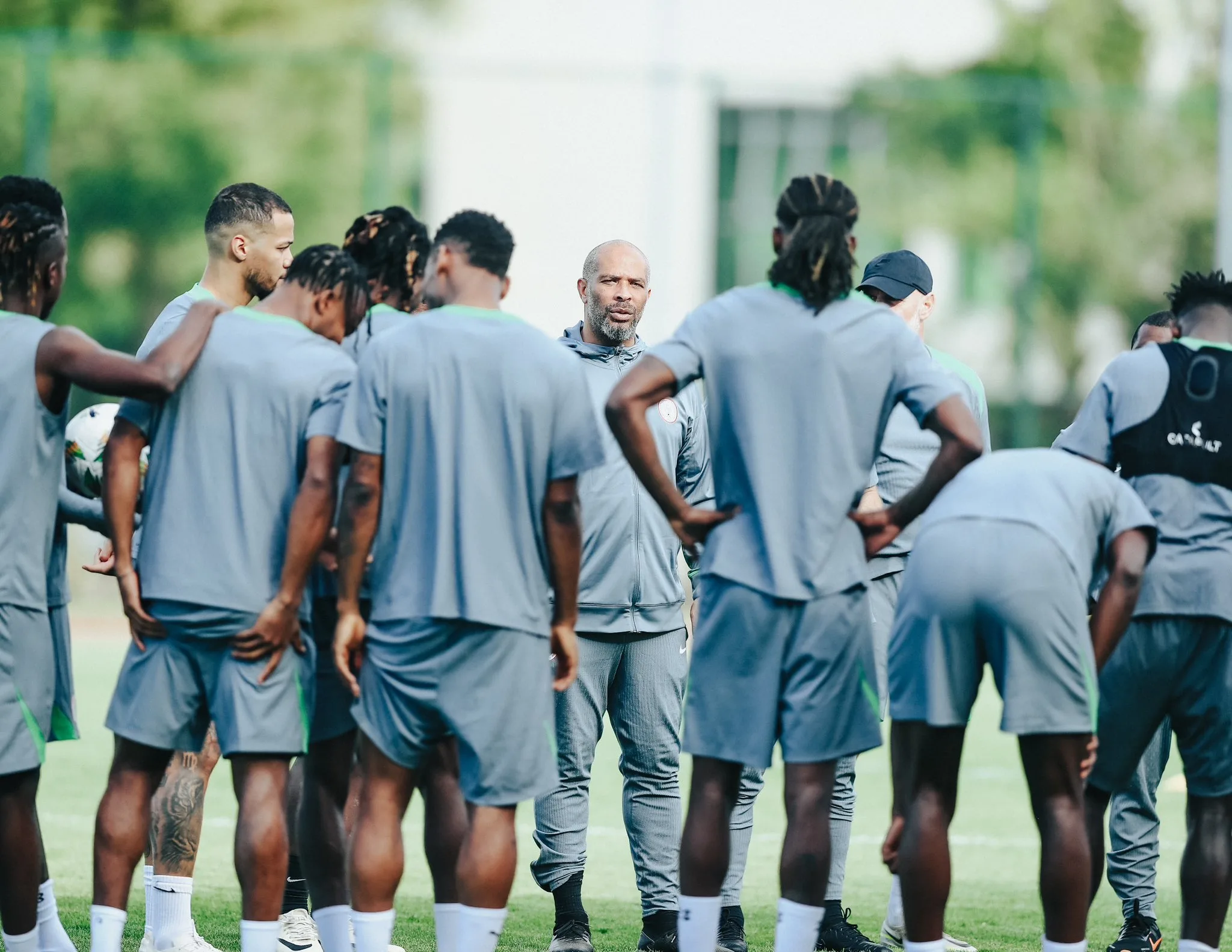 Super Eagles coach dishing out instructions during training Wednesday in Kigali